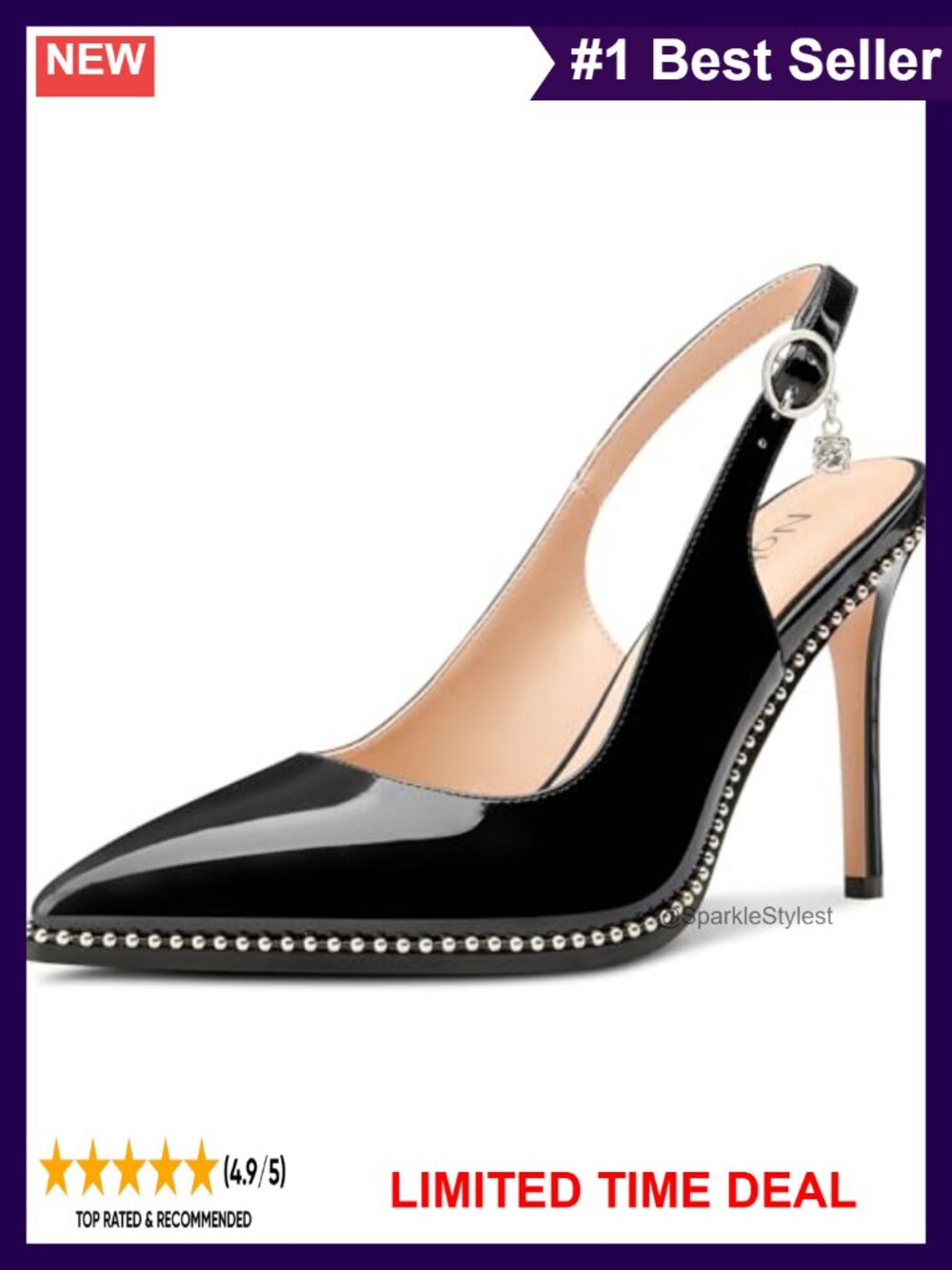 Beaded Slingback Pumps Pointed Toe Stiletto Heel Rhinestone Buckle Slip-On